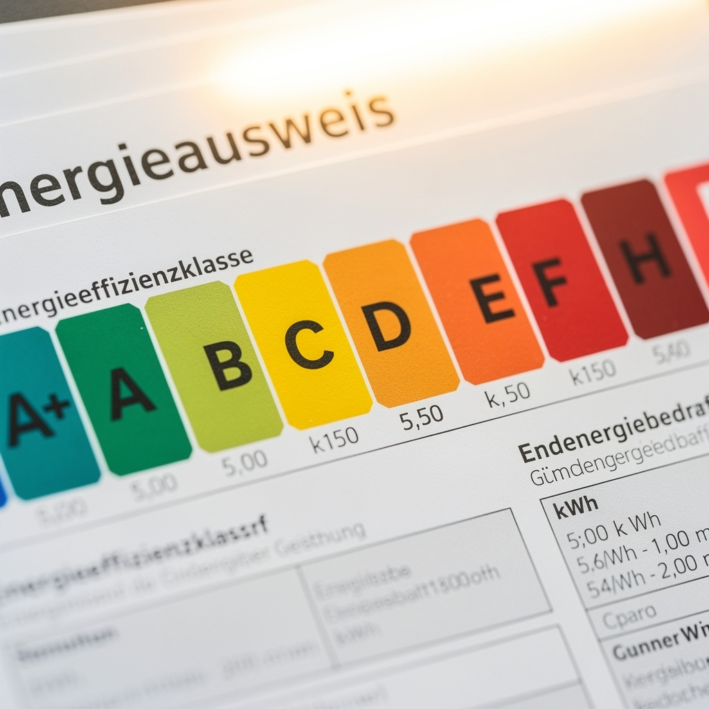 Nahaufnahme eines Energieausweises mit Effizienzklassen-Skala