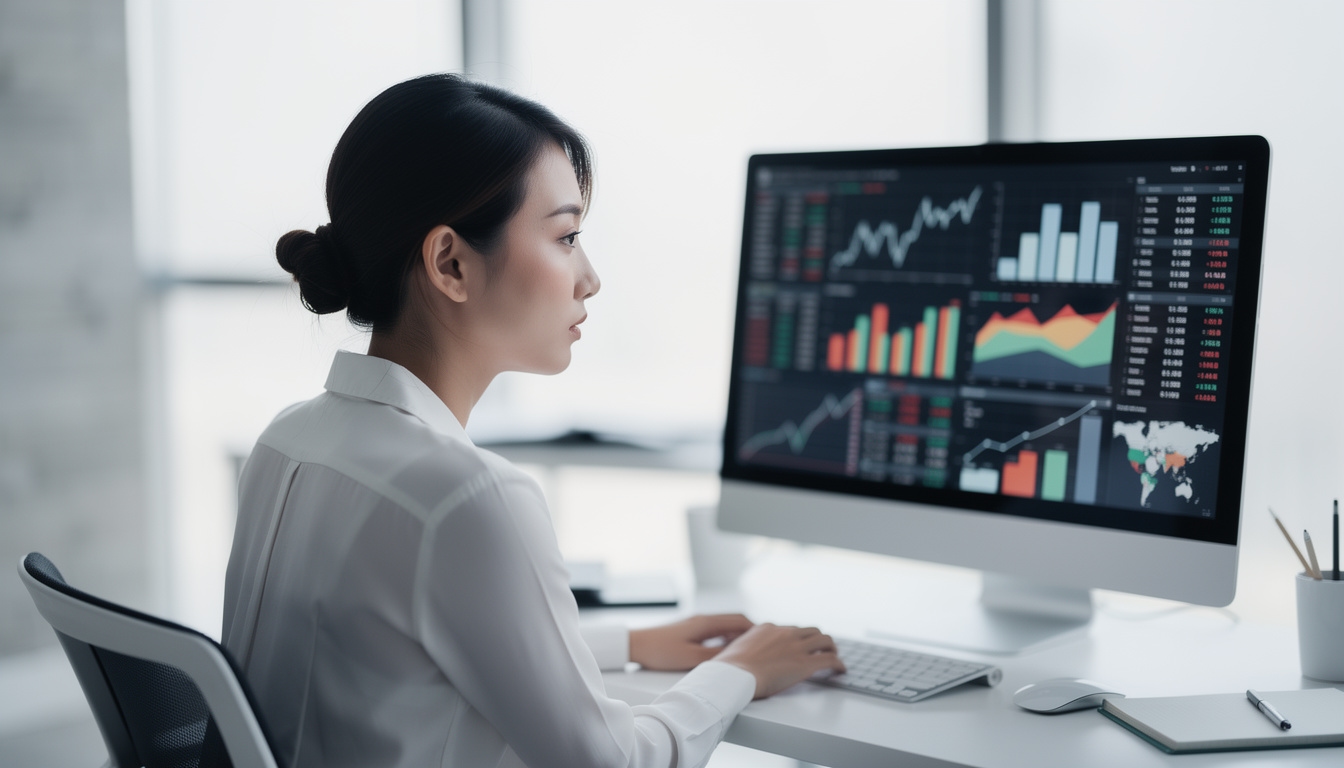 Person analysiert Immobilienmarktbericht auf einem Bildschirm